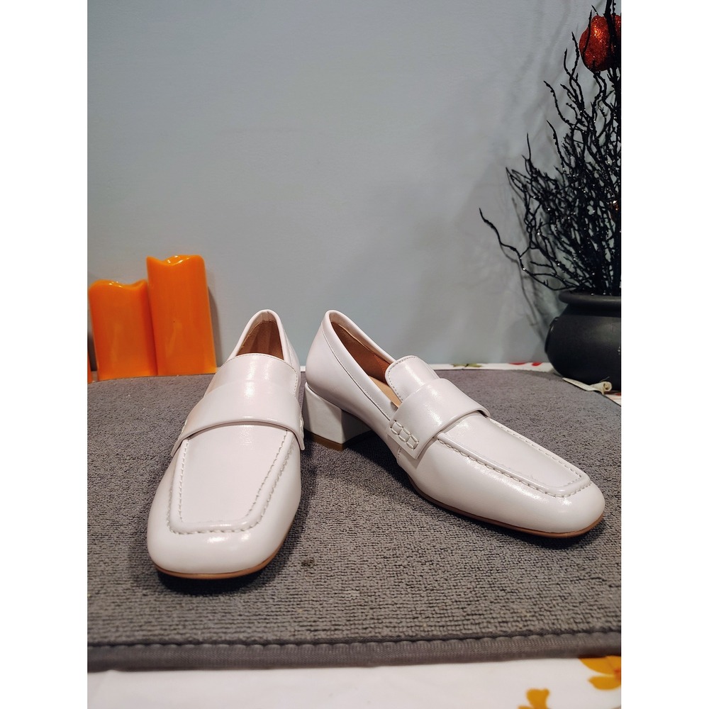 White Leather Square Toe Penny Loafers Block Heel Slip On Shoes Womens 5.5